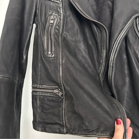 AllSaints cargo distressed leather moto jacket black 4 - Picture 9 of 13